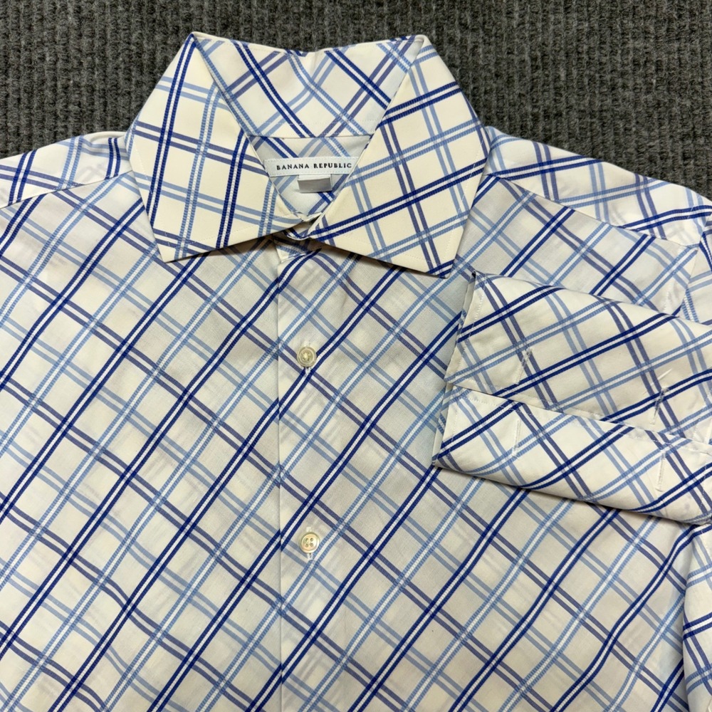 Banana Republic French Cuff Shirt Mens S Blue‎ White Plaid Cotton Button Down